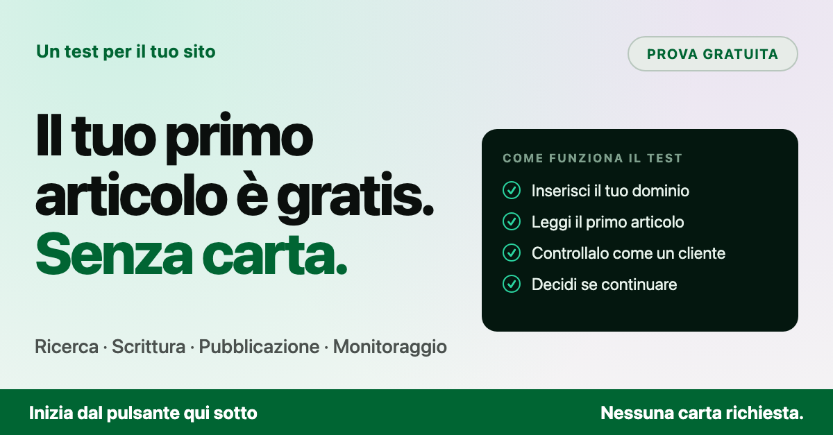 Il tuo primo articolo è gratis, senza carta: inserisci il tuo dominio, leggi l'articolo, controllalo come un cliente, decidi se continuare